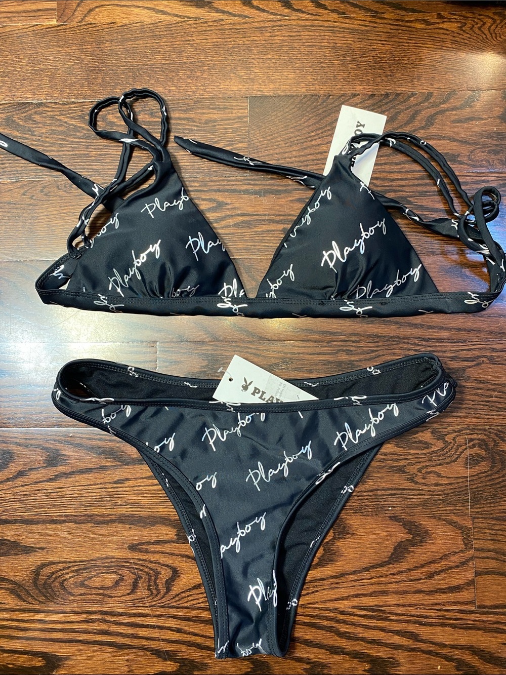 Brand New Vintage Playboy Swimwear 2piece Bikini Set Black L